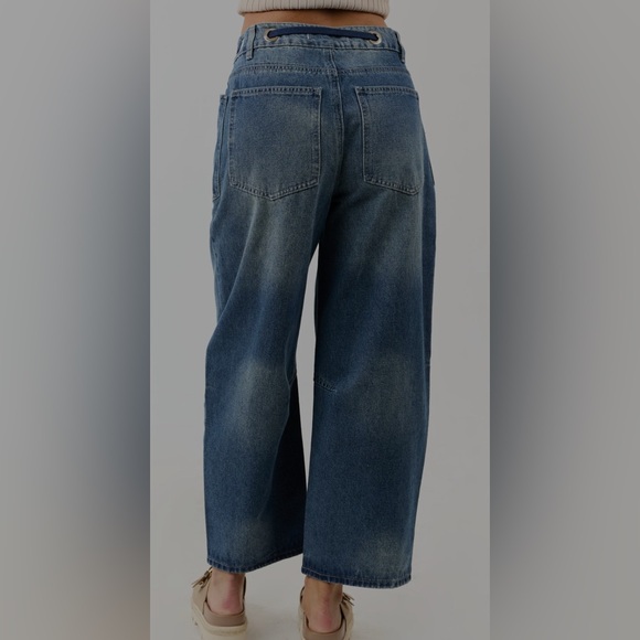 NWT Very J Dark Wash Rope Drawstring Belted Barrel Horseshoe Denim Jeans Pants - Picture 5 of 6